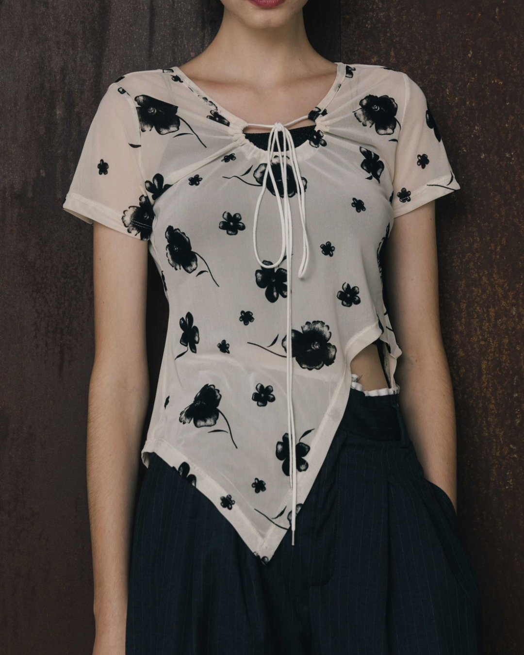 Printed Sheer Short Sleeve Tops