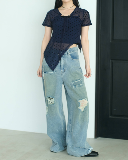 Printed Sheer Short Sleeve Tops