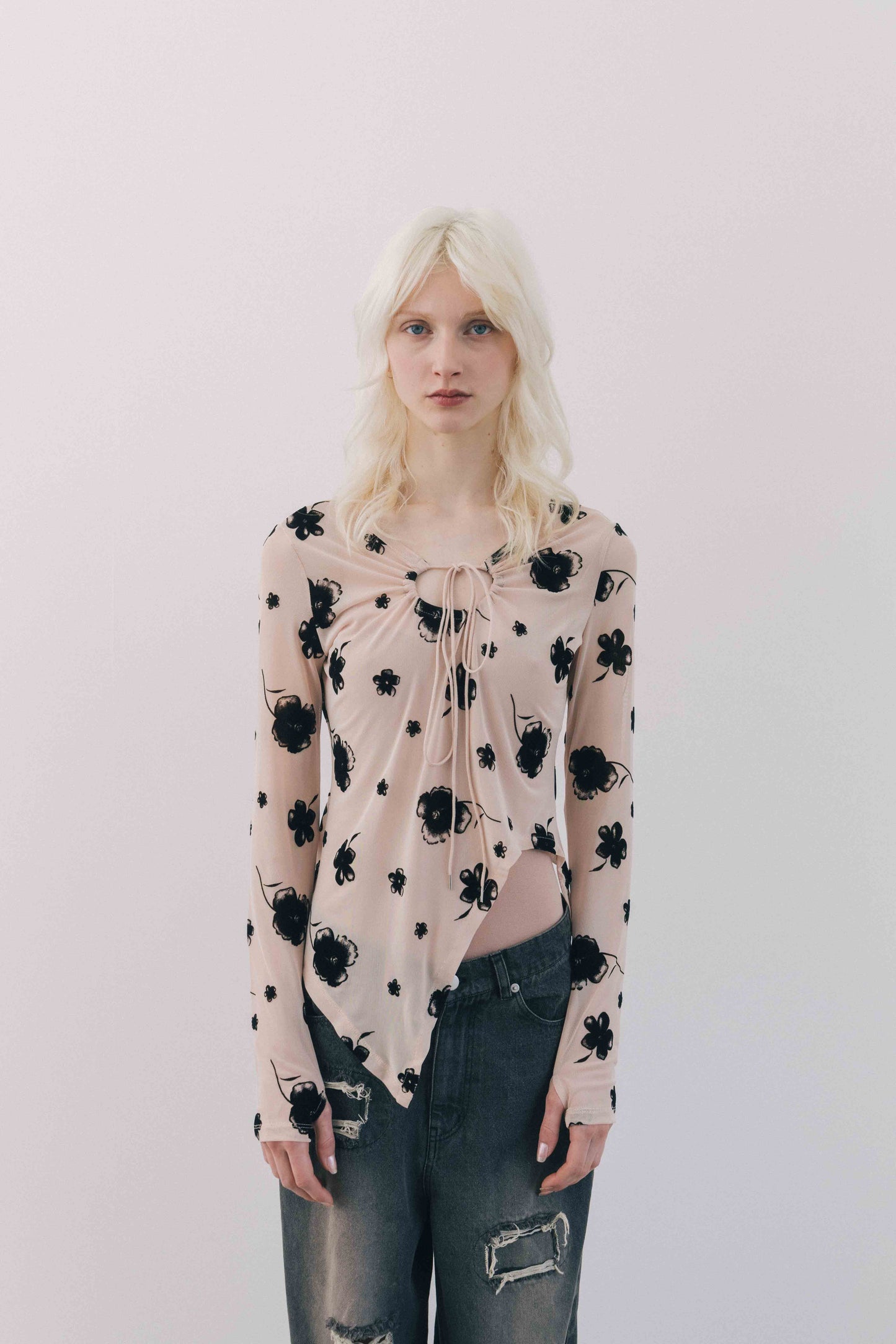 Printed Sheer Tops（beige/blue）