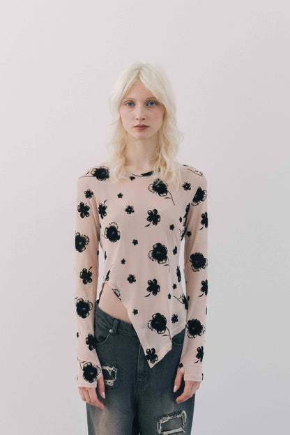 Printed Sheer Tops（beige/blue）