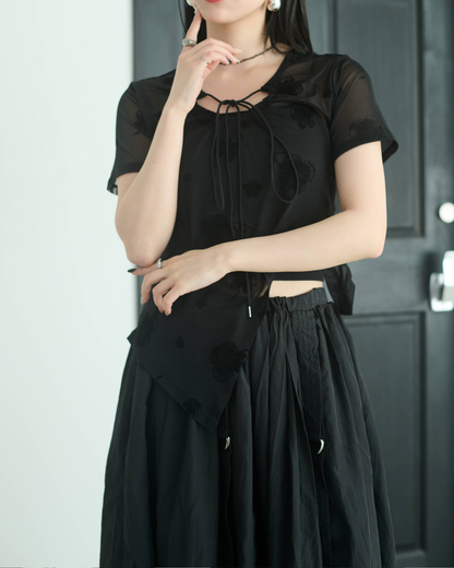Printed Sheer Short Sleeve Tops