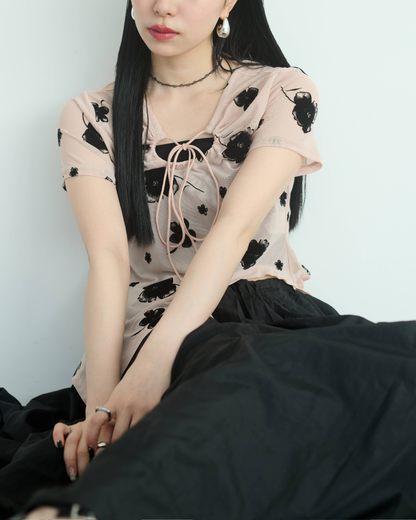 Printed Sheer Short Sleeve Tops