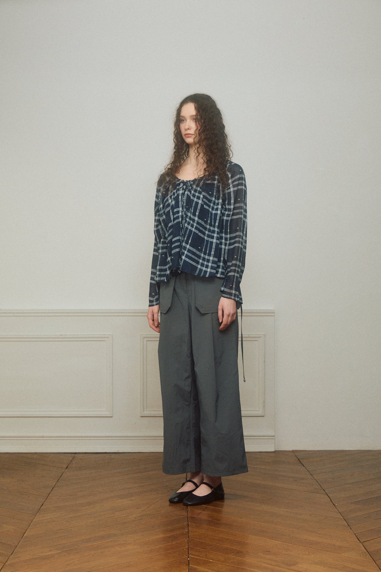 Check Chiffon Gathered Blouse