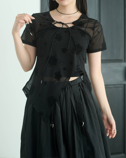 Printed Sheer Short Sleeve Tops