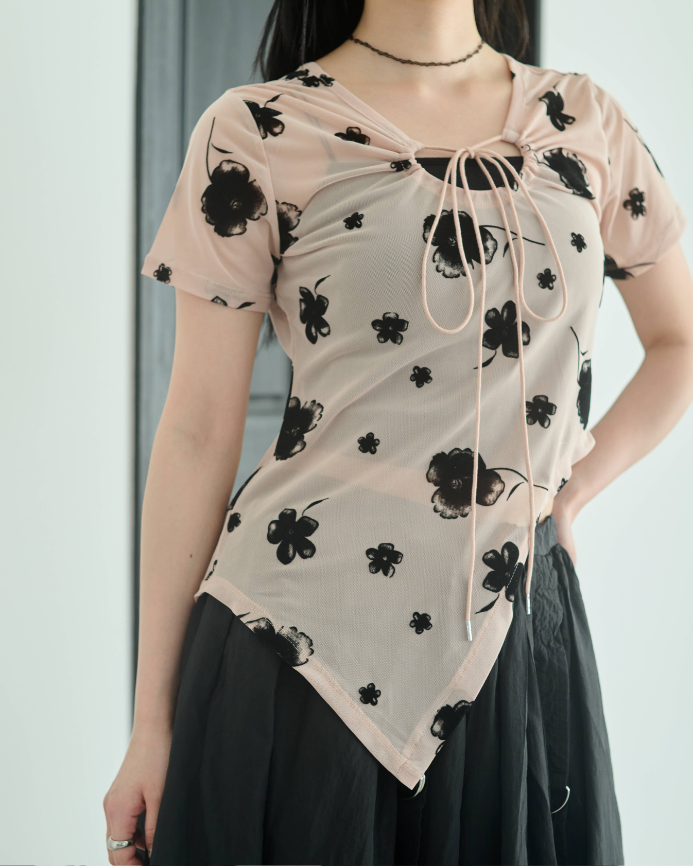 Printed Sheer Short Sleeve Tops