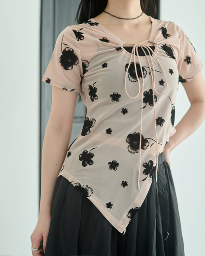 Printed Sheer Short Sleeve Tops