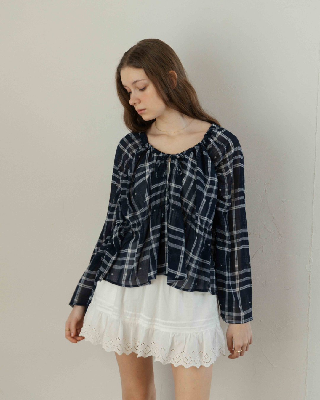 Check Chiffon Gathered Blouse