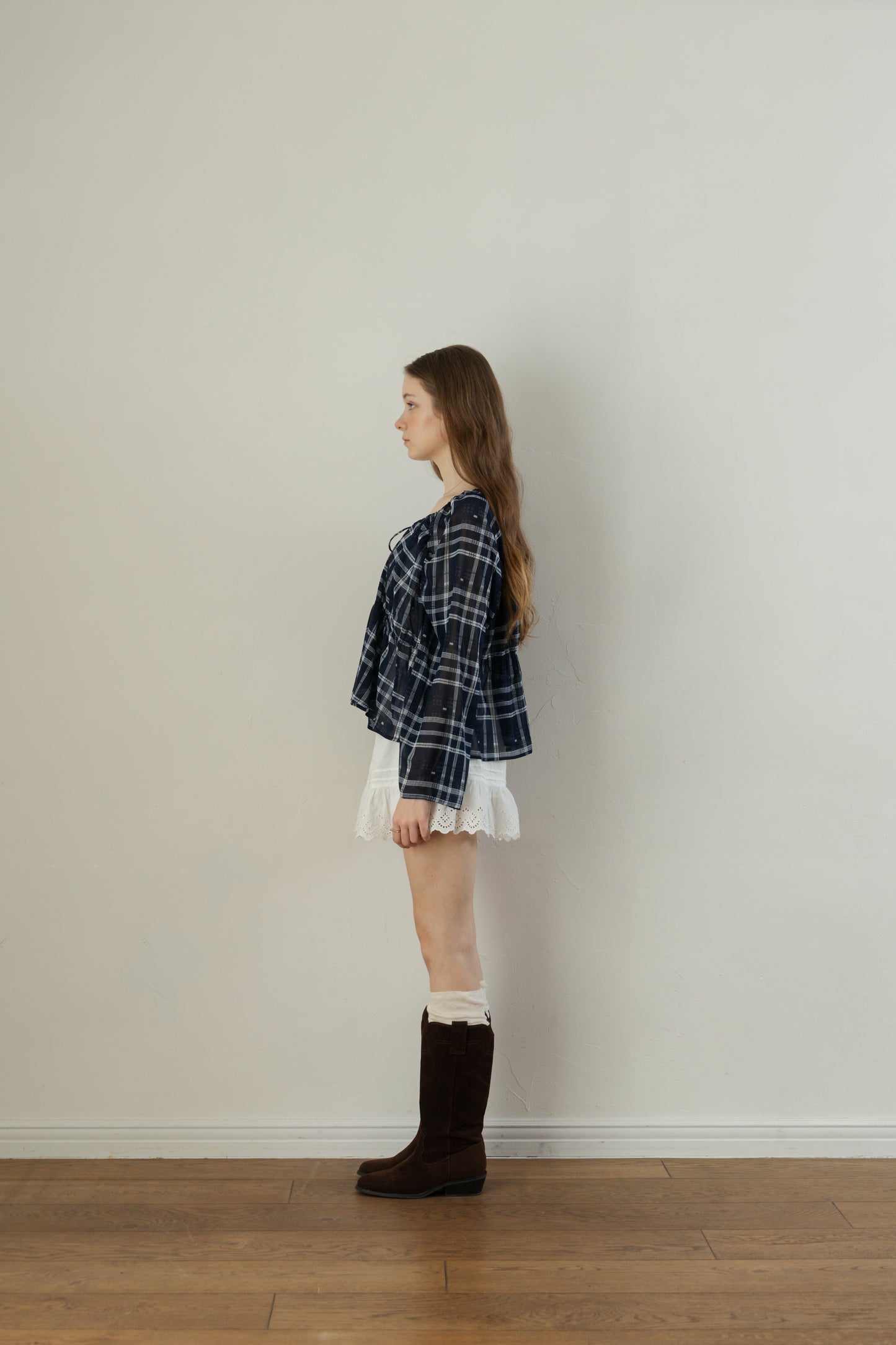 Check Chiffon Gathered Blouse