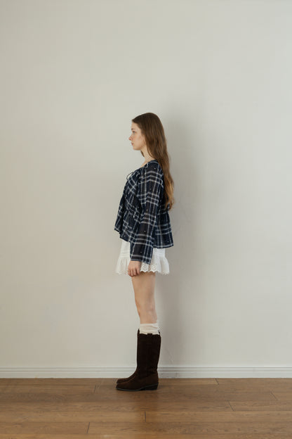 Check Chiffon Gathered Blouse