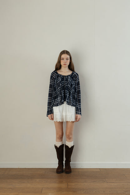 Check Chiffon Gathered Blouse