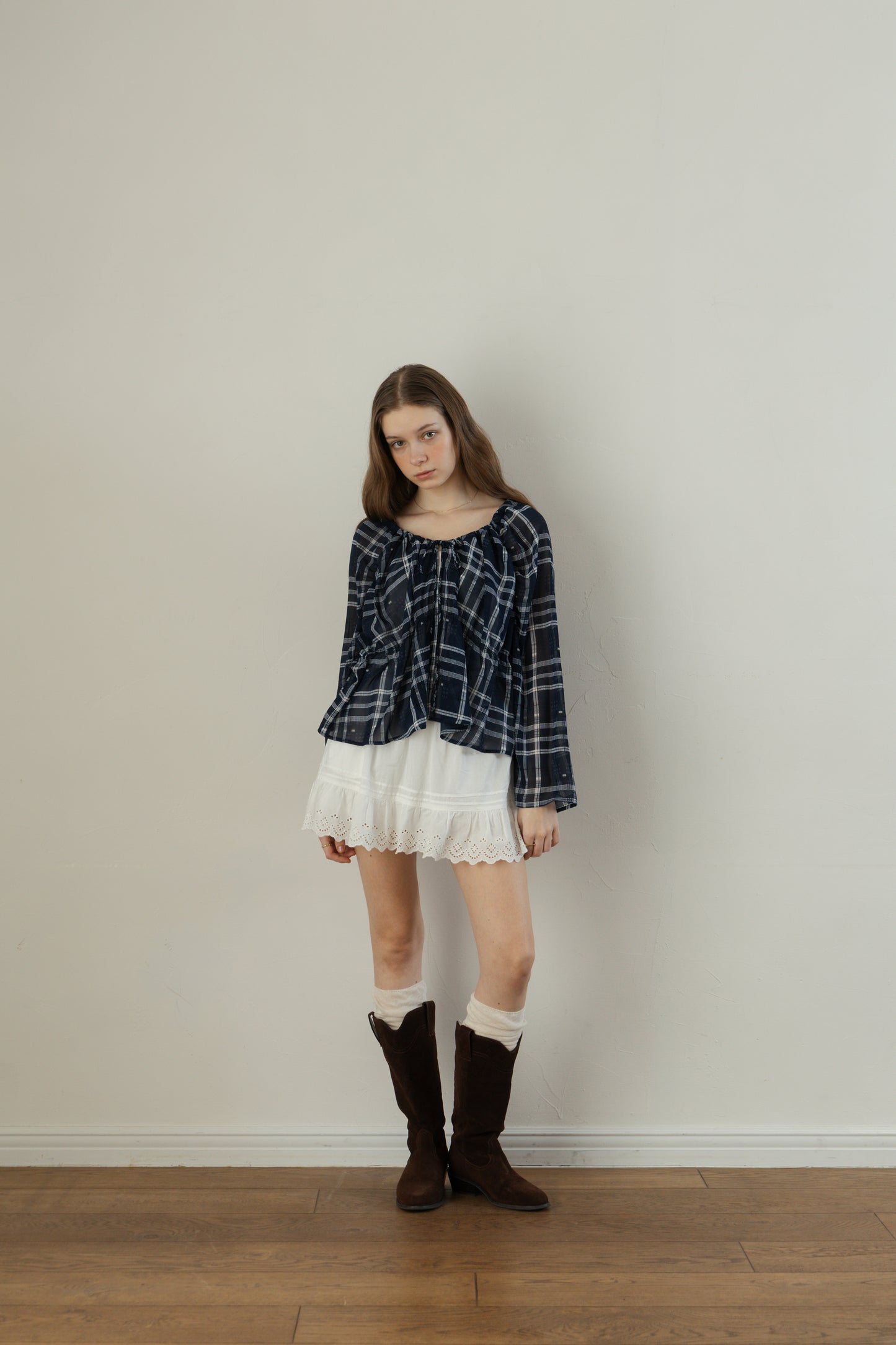 Check Chiffon Gathered Blouse