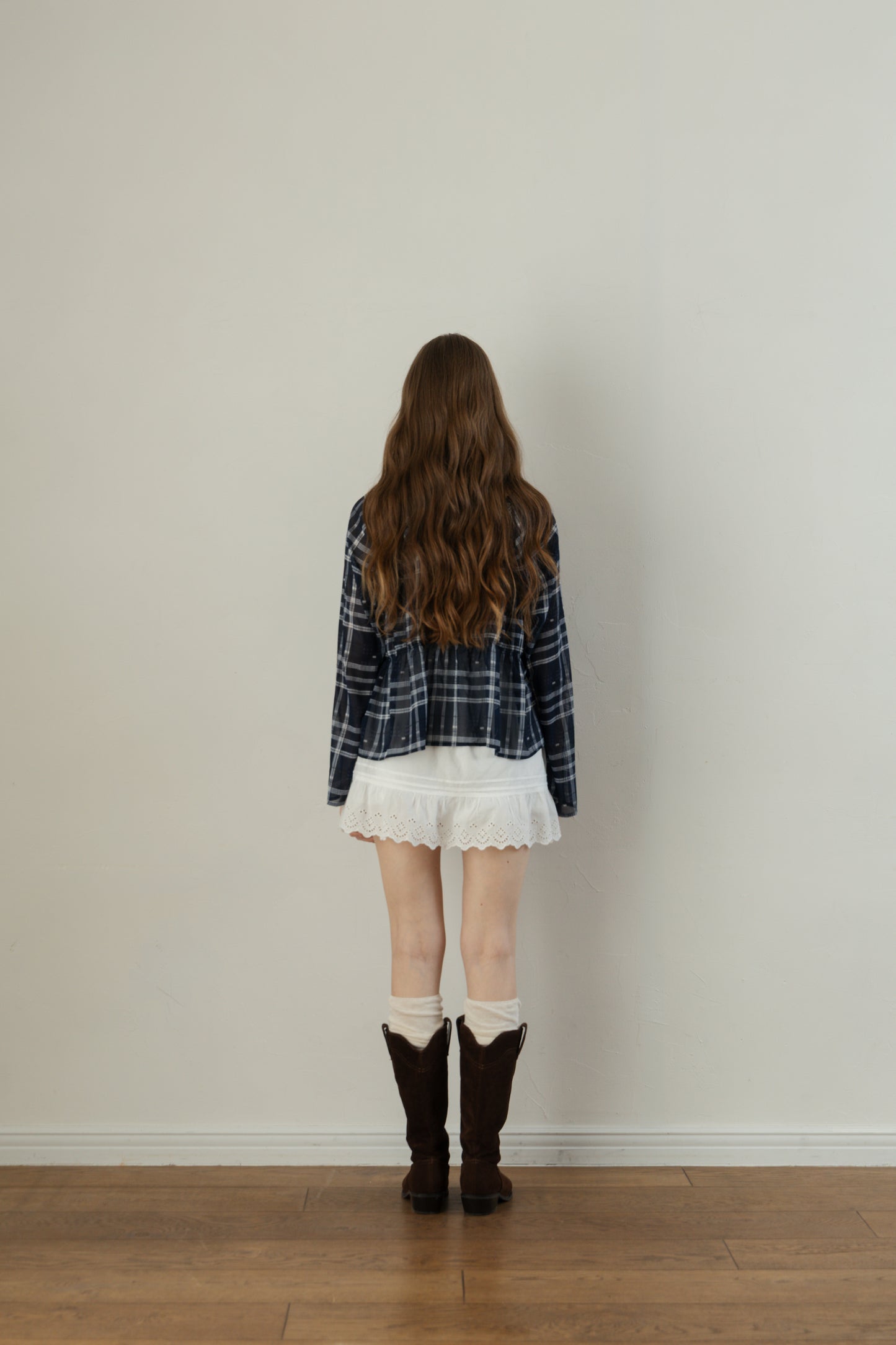 Check Chiffon Gathered Blouse