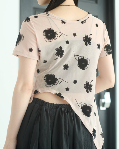 Printed Sheer Short Sleeve Tops