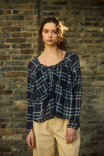 Check Chiffon Gathered Blouse