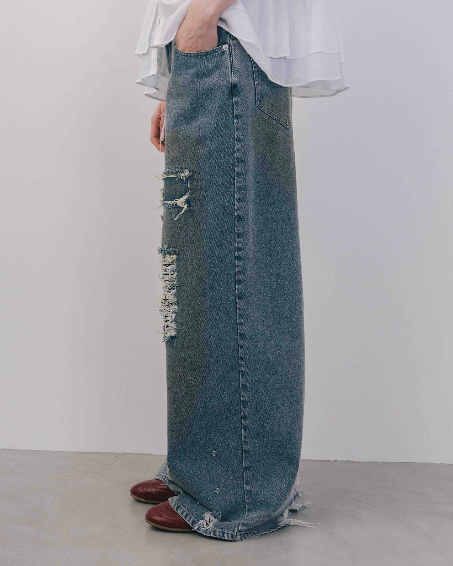 Wide Silhouette Distressed Denim