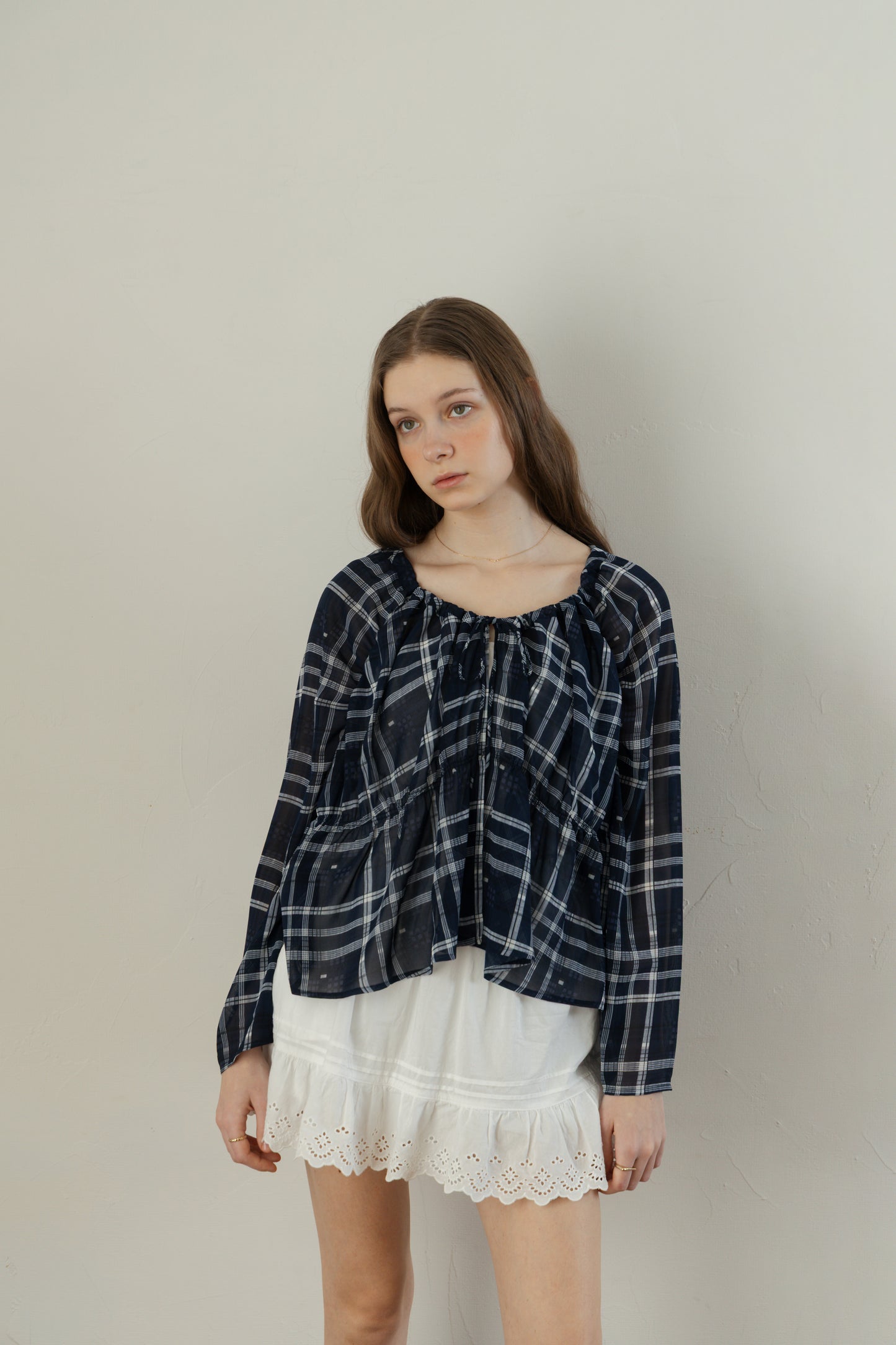 Check Chiffon Gathered Blouse