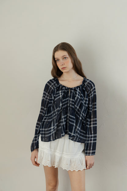 Check Chiffon Gathered Blouse