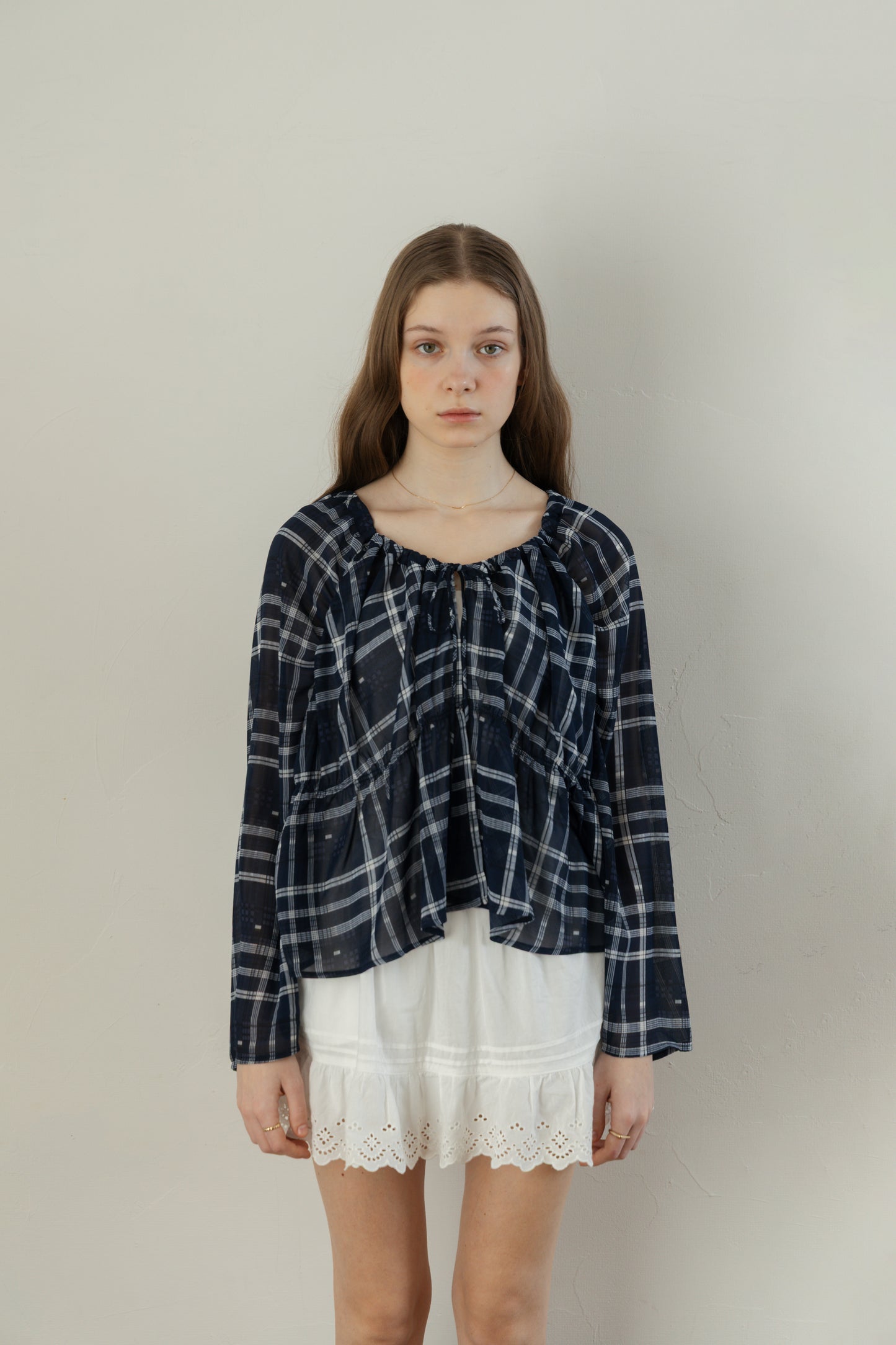 Check Chiffon Gathered Blouse