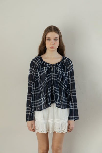 Check Chiffon Gathered Blouse