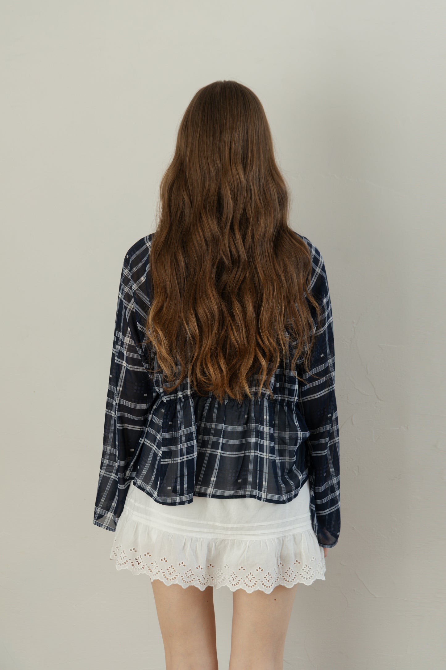 Check Chiffon Gathered Blouse