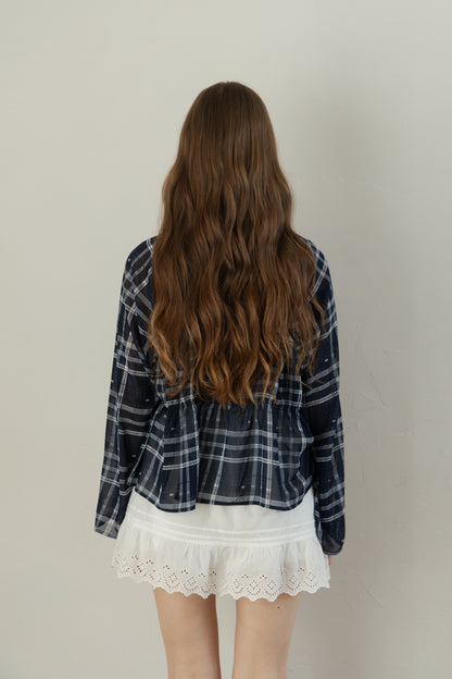 Check Chiffon Gathered Blouse