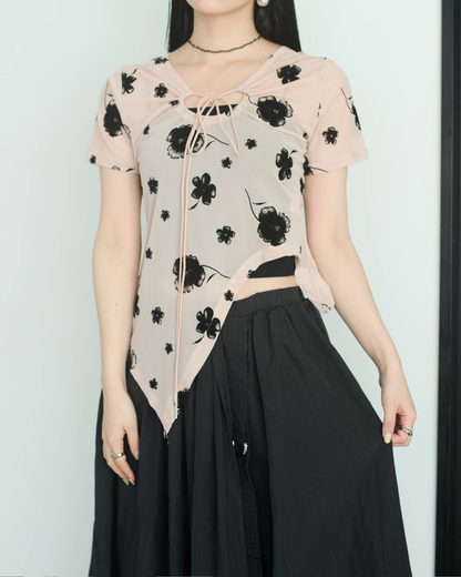 Printed Sheer Short Sleeve Tops