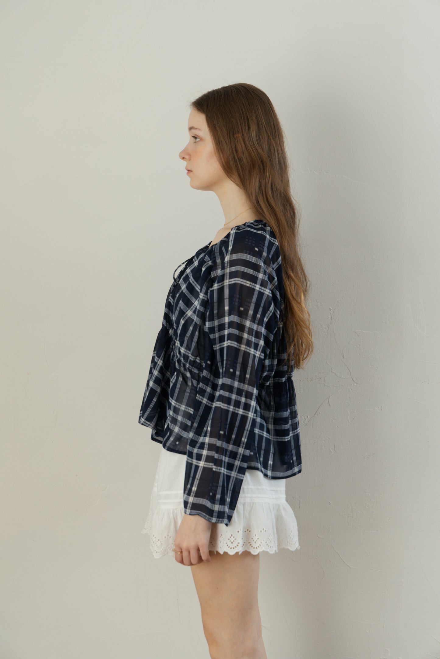 Check Chiffon Gathered Blouse
