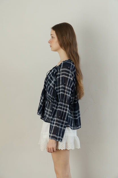 Check Chiffon Gathered Blouse