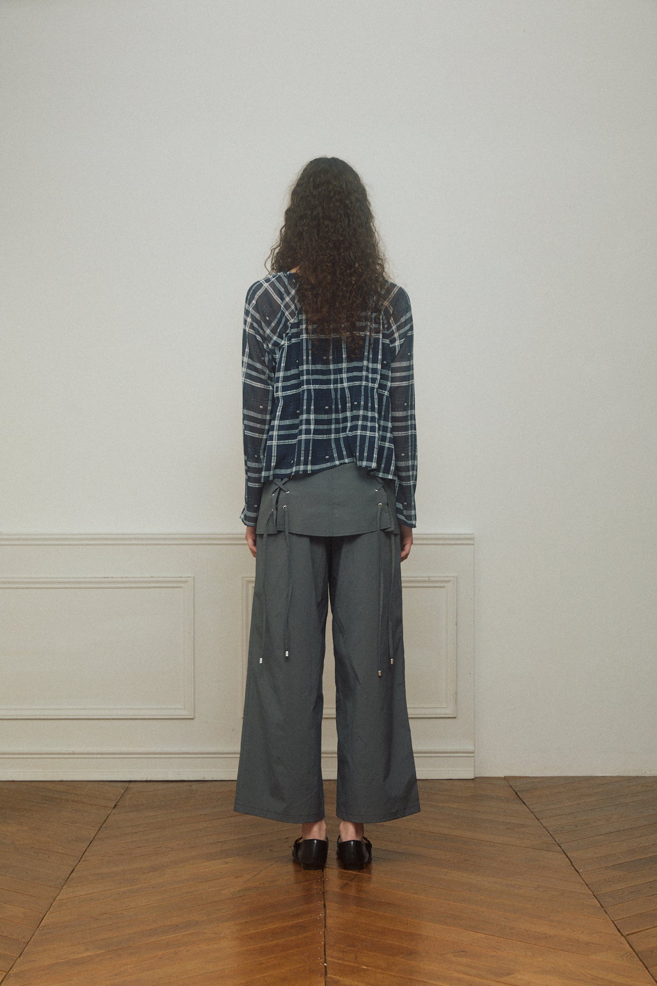 Check Chiffon Gathered Blouse