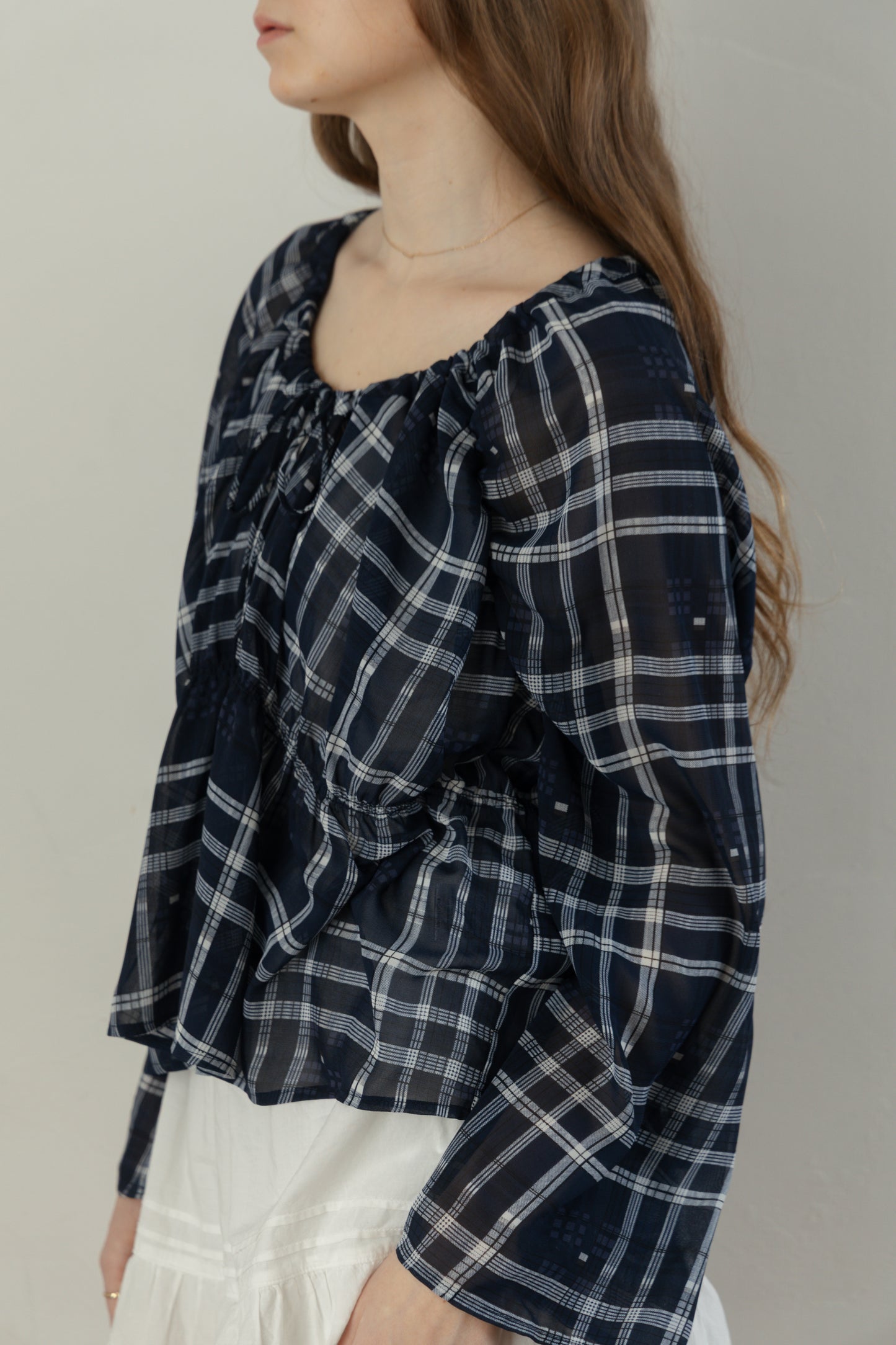 Check Chiffon Gathered Blouse