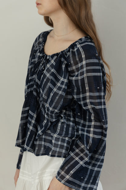 Check Chiffon Gathered Blouse
