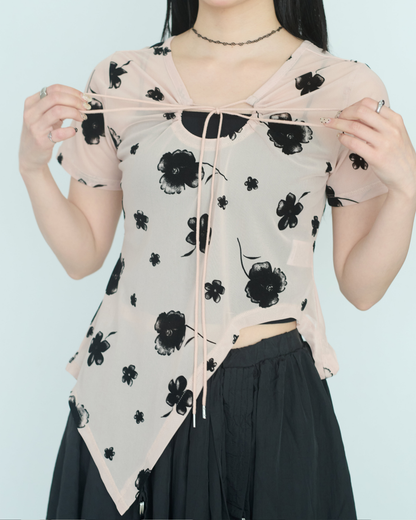 Printed Sheer Short Sleeve Tops