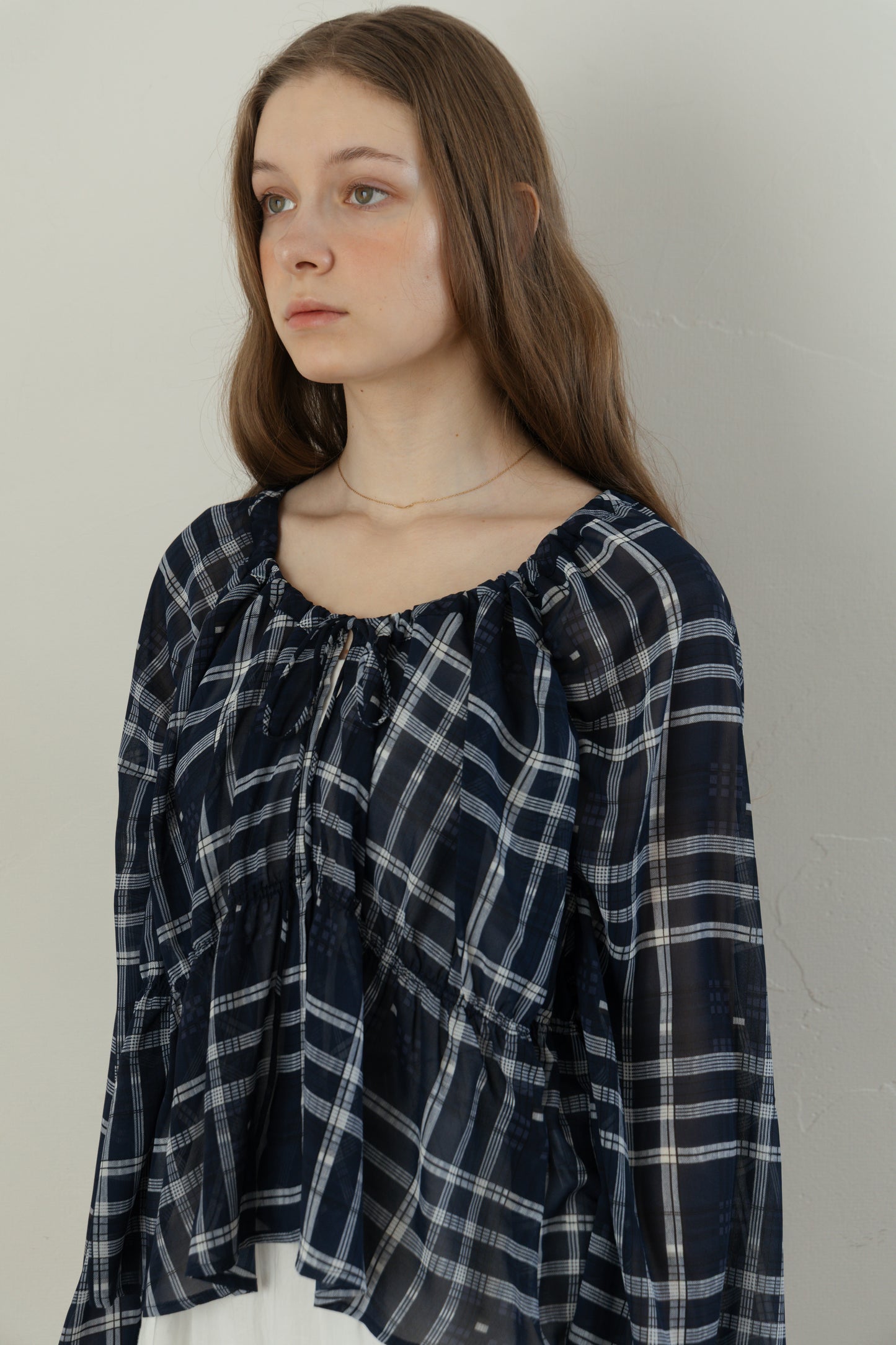Check Chiffon Gathered Blouse