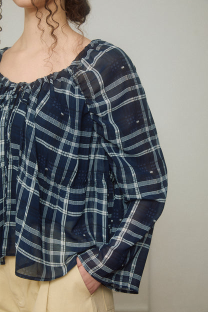 Check Chiffon Gathered Blouse