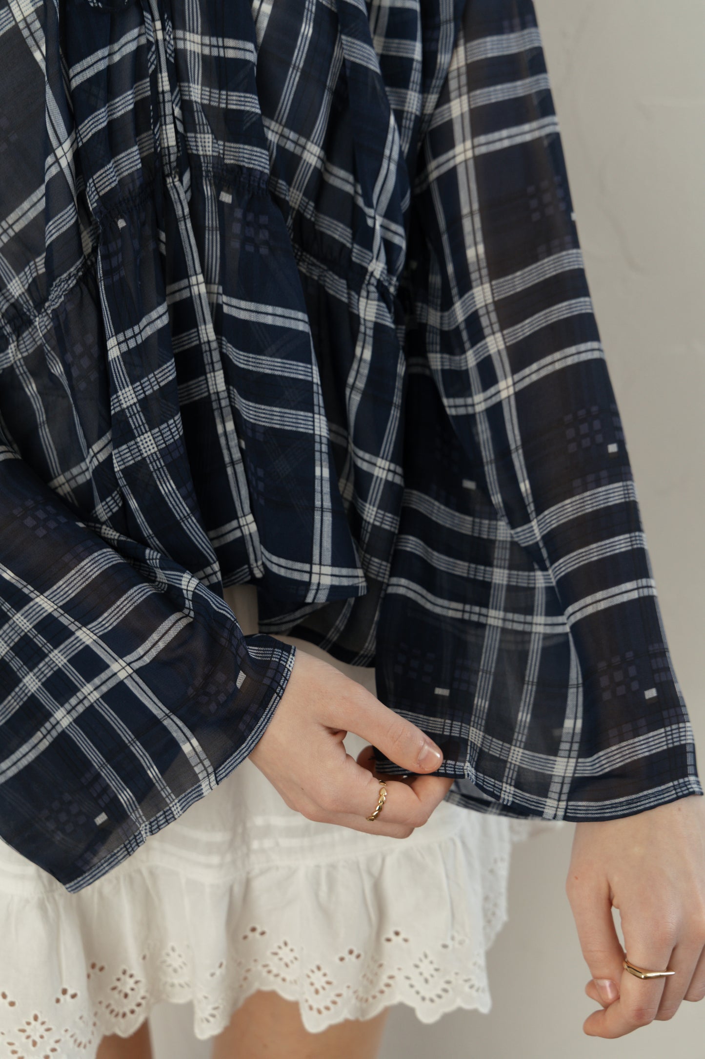 Check Chiffon Gathered Blouse