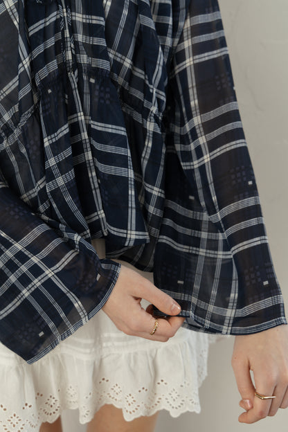 Check Chiffon Gathered Blouse