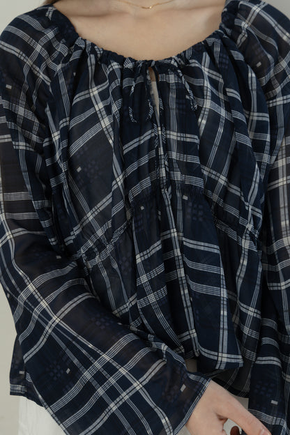 Check Chiffon Gathered Blouse