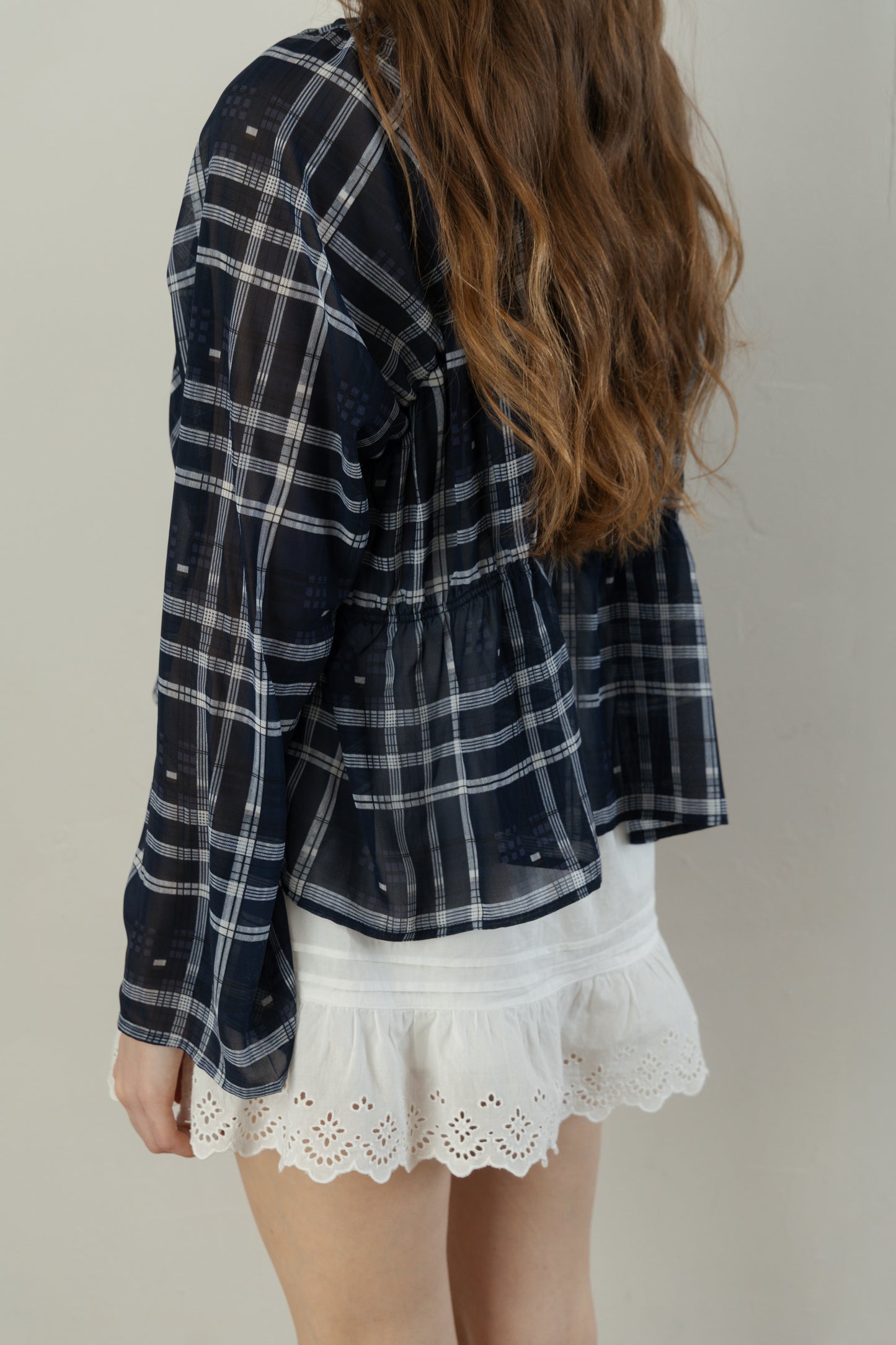 Check Chiffon Gathered Blouse