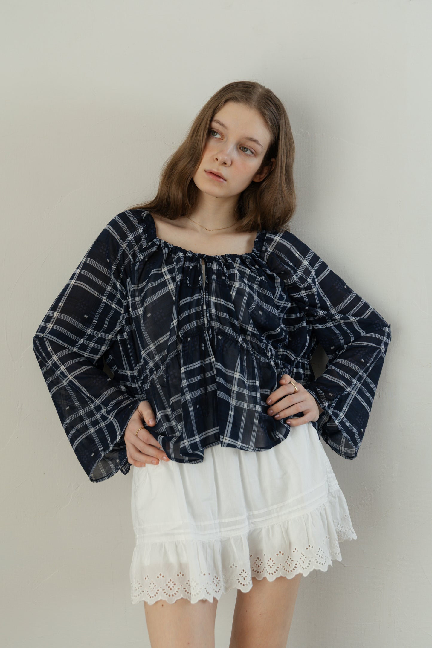 Check Chiffon Gathered Blouse