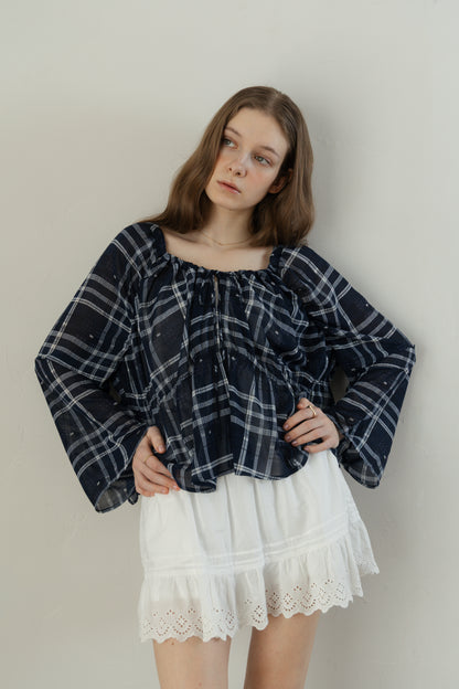 Check Chiffon Gathered Blouse