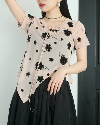 Printed Sheer Short Sleeve Tops