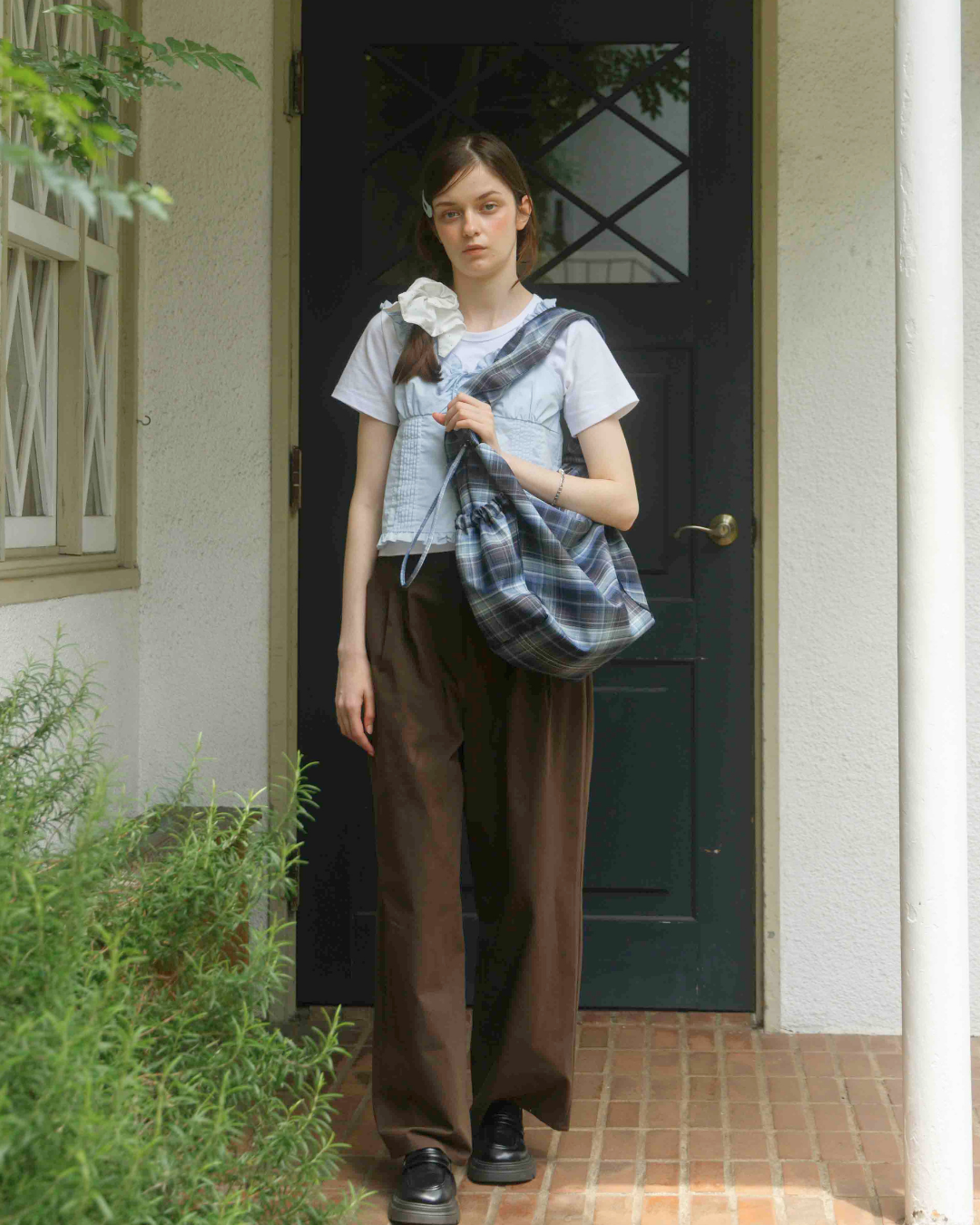 Nylon Check Gathered Shoulder Bag