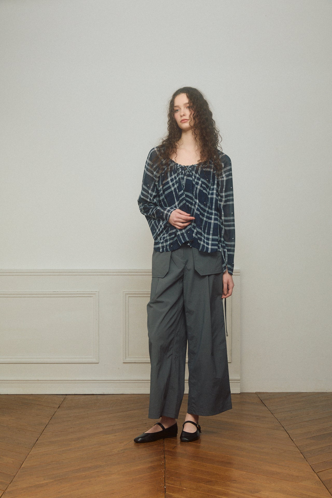 Check Chiffon Gathered Blouse