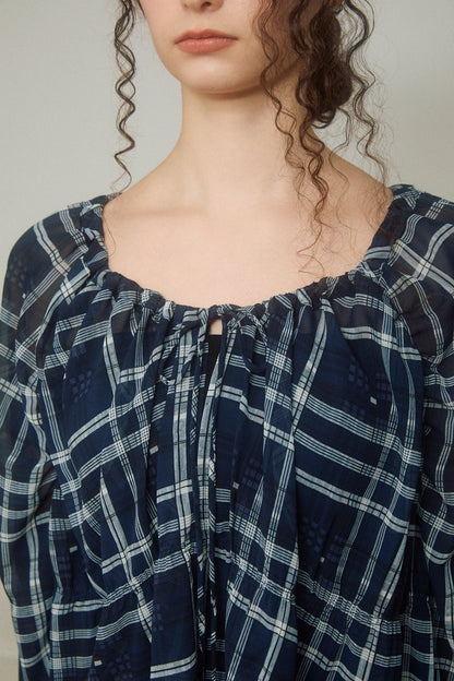 Check Chiffon Gathered Blouse
