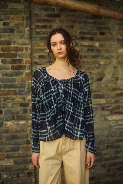Check Chiffon Gathered Blouse