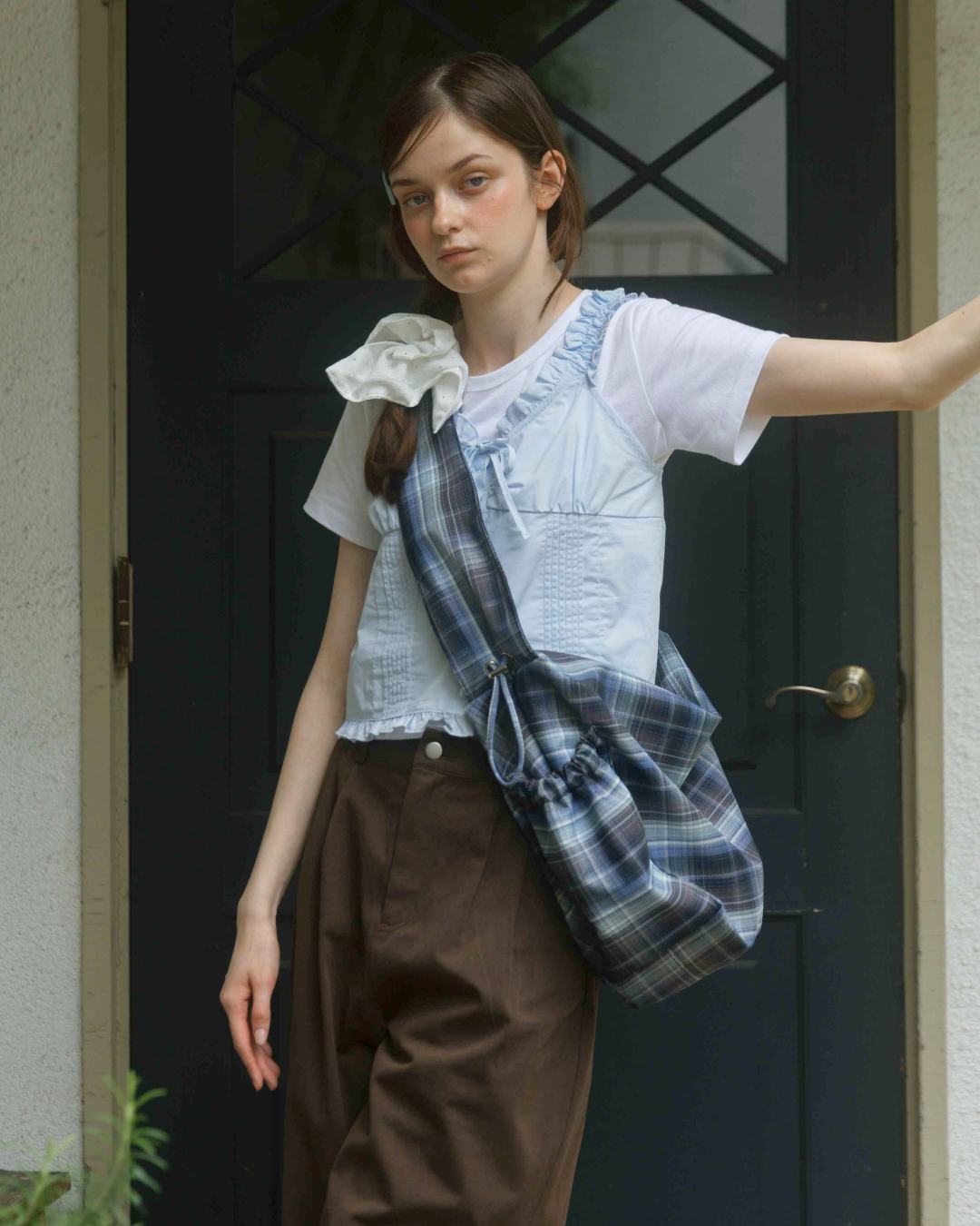 Nylon Check Gathered Shoulder Bag