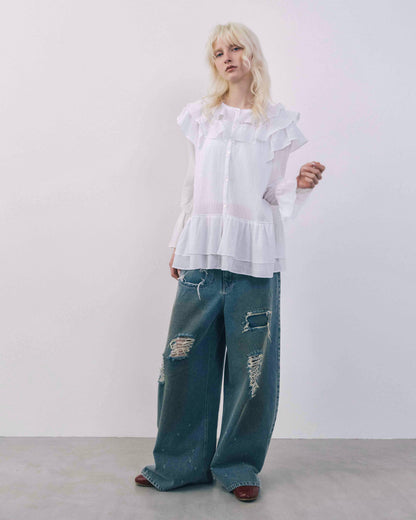 Wide Silhouette Distressed Denim