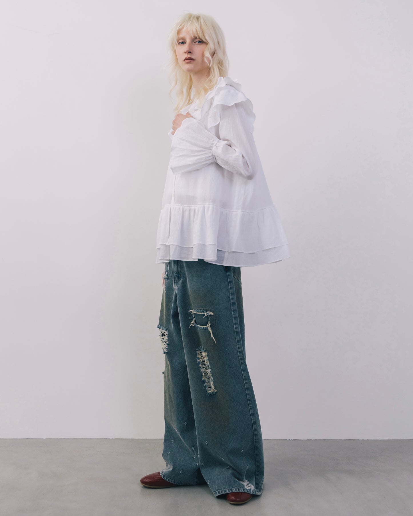 Wide Silhouette Distressed Denim