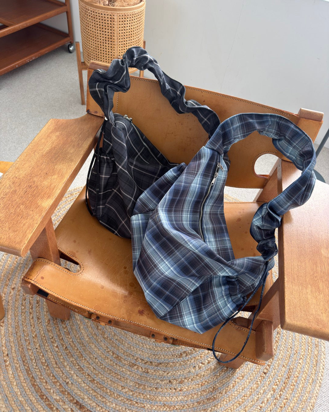 Nylon Check Gathered Shoulder Bag
