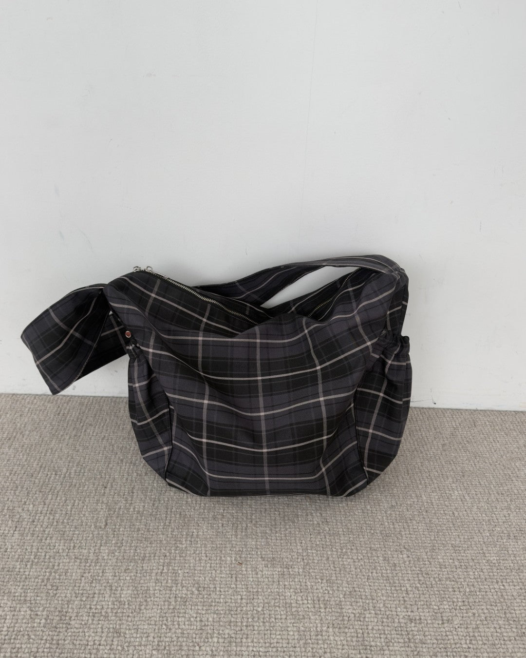 Nylon Check Gathered Shoulder Bag
